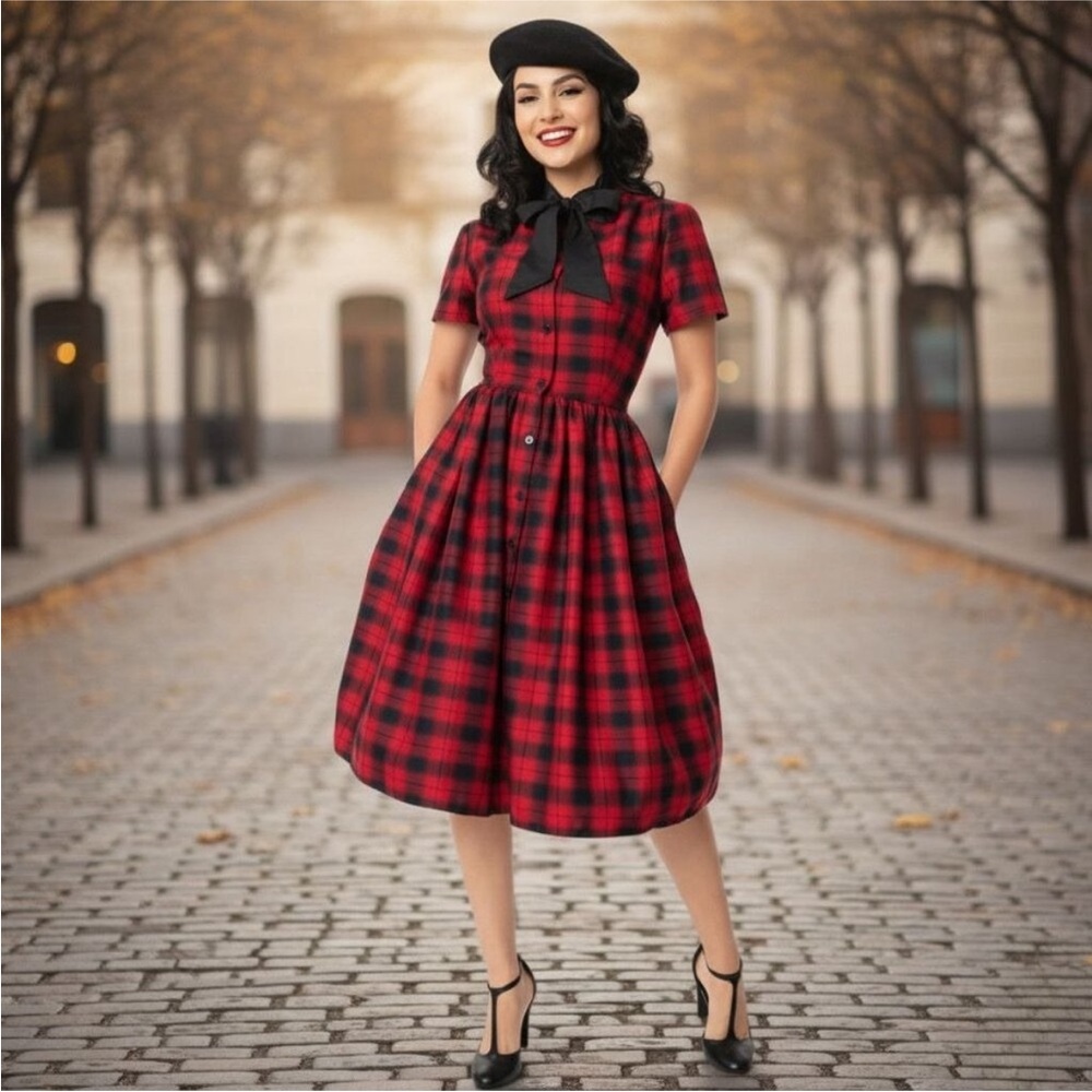 Unique Vintage Red and Black Plaid Midi Dress